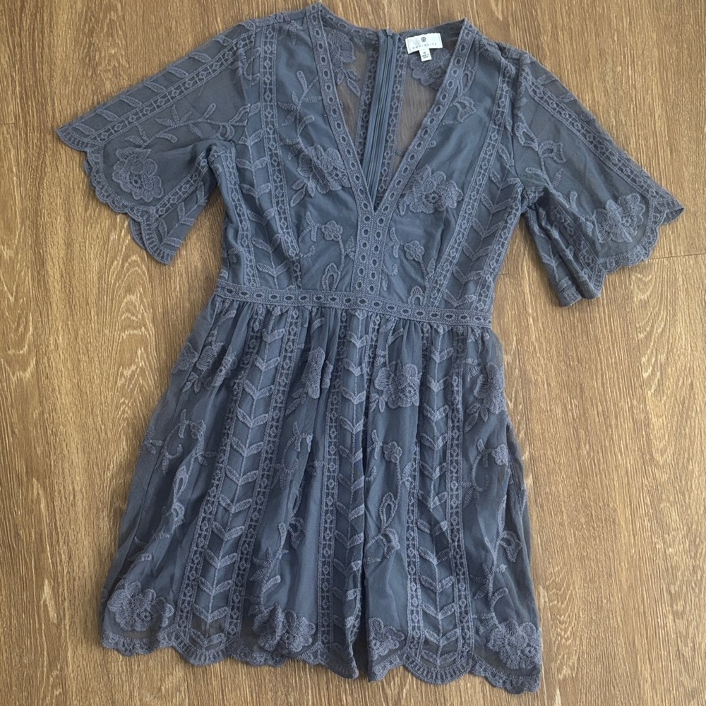Socialite Slate Blue Gray Lace V-Neck Dress